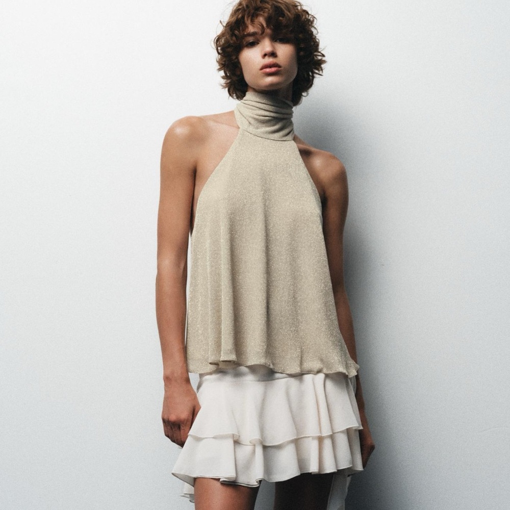 Zara Elegant Metallic Cream Halter Dress